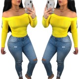 Pure color sexy temperament hedging one-neck long-sleeved T-shirt top