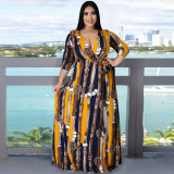 Plus size women's V-neck mid-sleeve split dress Bohemian beach print large-length dress