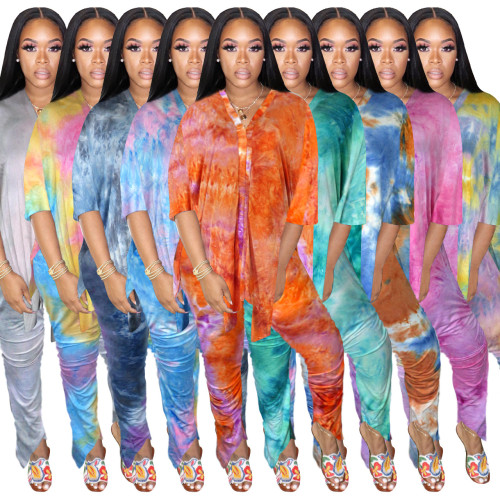 Fashion casual suit loose V-neck blouse and tights tie-dye two-piece suit