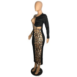 Women's Long Sleeve Leopard Print Hollow Color Interlocking Patchwork Dress