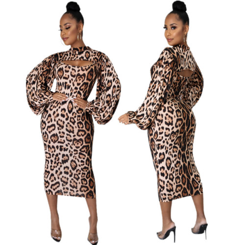 New fashion two-piece leopard print long-sleeved dress