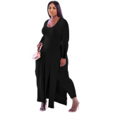 Solid color sexy long-sleeved dress plus size cotton two-piece suit