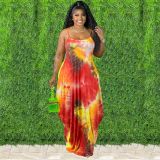 Tie dyed colorful print suspender loose dress Plus size clothing