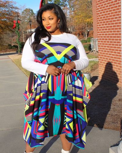 Large size women's fashion round neck stitching color rectangle printing dress irregular big skirt