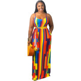 Tie dyed colorful print suspender loose dress Plus size clothing