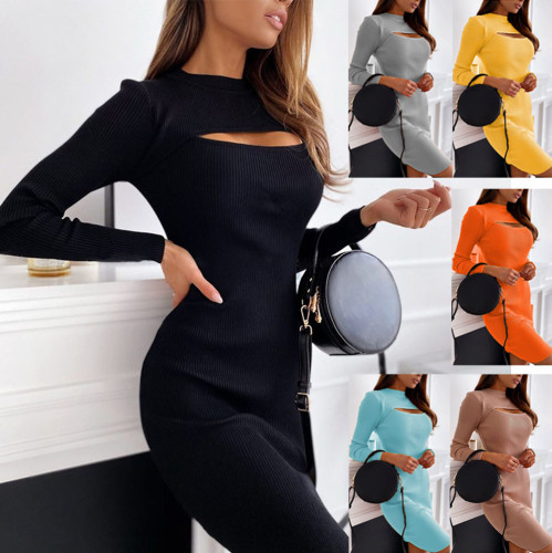 2021 fashion sexy chest hollow long-sleeved dress new solid color sexy slim skirt women