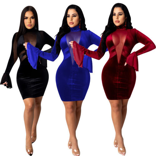 Women's deep V solid color mesh dress autumn and winter