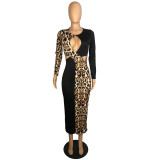 Women's Long Sleeve Leopard Print Hollow Color Interlocking Patchwork Dress