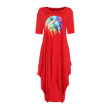 Large size loose fashion short-sleeved offset printing dress for women