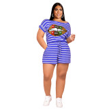 Fashion plus size women's clothing new fashion lips classic stripes casual home two-piece suit