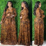 Plus size women's clothing printed leopard print lace-up long-sleeved half skirt sexy two-piece suit