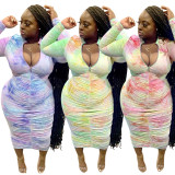 Plus size women's dress, color gradient, pleated long-sleeved dress