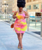 Plus size women's clothing new style tie-dye printing sling pleated sexy dress