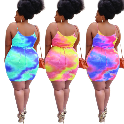 Plus size women's clothing new style tie-dye printing sling pleated sexy dress