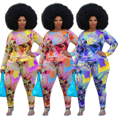 Plus size women's clothing color printing long sleeve two-piece suit