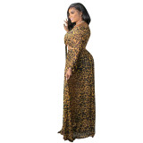 Plus size women's clothing printed leopard print lace-up long-sleeved half skirt sexy two-piece suit