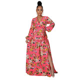 Women's printed holiday leisure V-neck long-sleeved French long skirt dress with big swing