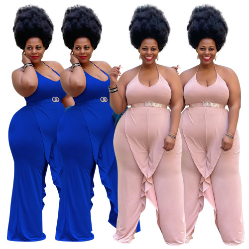 Plus size women's clothing, solid color sexy, sling ruffles, mopping and drape jumpsuits Without belt