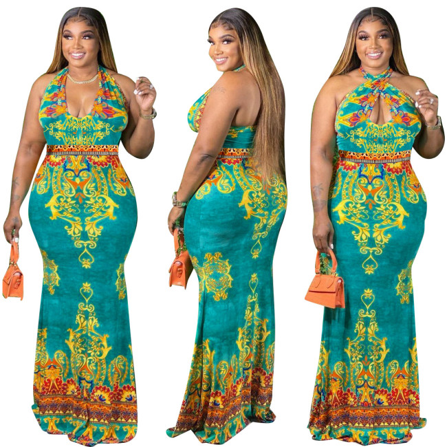 2021 new plus size women's printed tube top hollow dress
