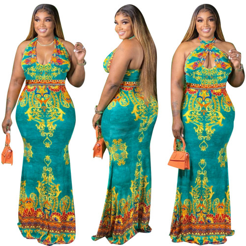 2021 new plus size women's printed tube top hollow dress