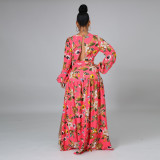 Women's printed holiday leisure V-neck long-sleeved French long skirt dress with big swing