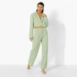 Plus size women's fashion casual solid color short blouse pants suit two-piece suit