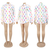 Printed slim-fit lapel hip-wrapped ladies shirt dress