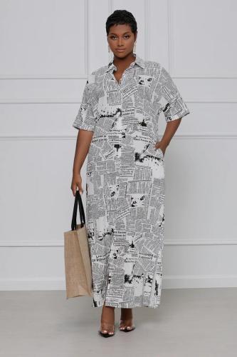 Newspaper Print Lapel Short Sleeve Ladies Long Dress Shirt Dress