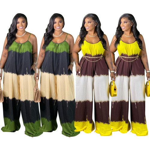 Positioning printing contrast color sling wide-leg plus size cotton jumpsuit