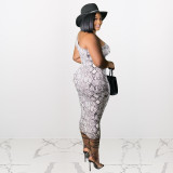Plus size womens stock in stock leopard print hollow lace-up slim dress