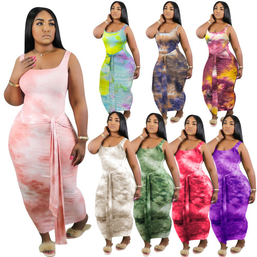 New style tie-dye plus size women's sexy cotton dress for autumn and winter