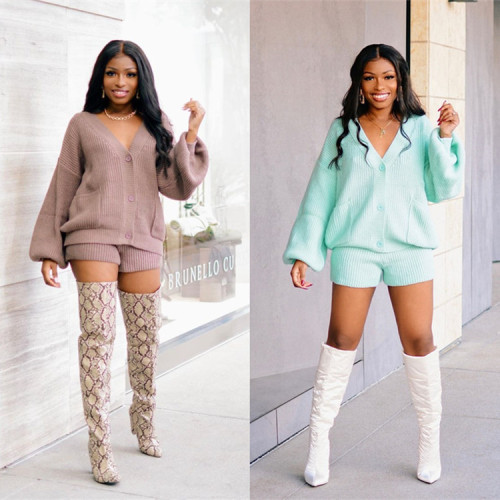Knitted two-piece fashion loose sweater long-sleeved sweater shorts suit autumn and winter new style