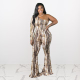 Plus size women's clothing printed one-shoulder long-sleeved slim and sexy cotton jumpsuit with drape