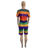 Plus size women's rainbow horizontal striped cotton two-piece suit