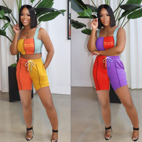Printed orange yellow red purple pocket sleeveless shorts sports two-piece suit