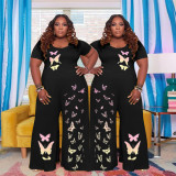 Plus size women's butterfly print fashion two-piece suit