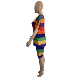 Plus size women's rainbow horizontal striped cotton two-piece suit