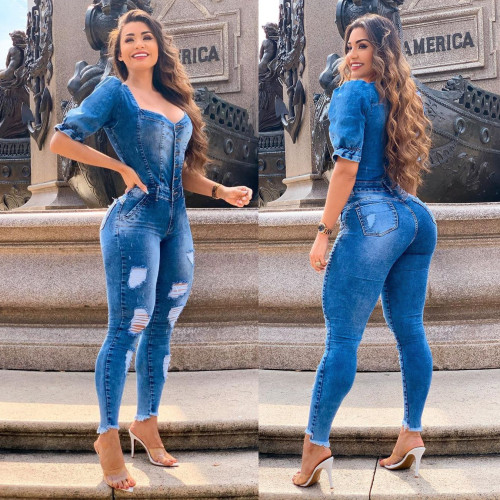 Women's New Ruffled Puff Sleeve Fashion Casual Sexy Denim White Jet Ripped Jumpsuit
