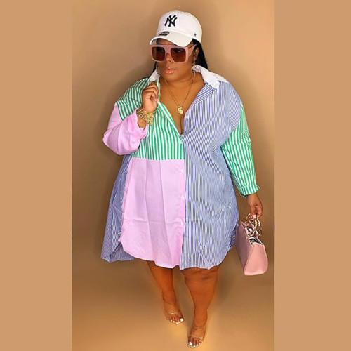 Plus size women's clothing color stripe stitching single-breasted cardigan long-sleeved stand-up collar shirt