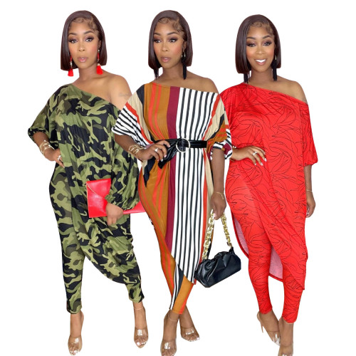 Oblique shoulder striped camouflage printed cotton blended suit 2021 net red fried street two-piece summer