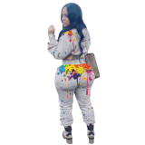 Fashion women's drawstring solid color splash ink hooded long-sleeve trousers two-piece suit