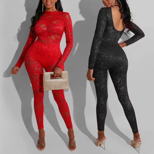 2021 spring new women's sexy open back long-sleeved red lace jumpsuit
