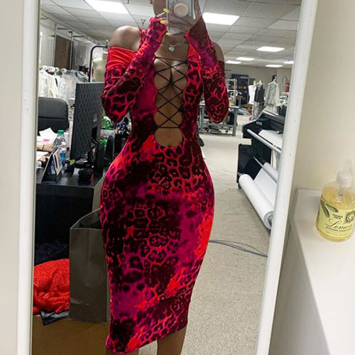 2021 new ladies long-sleeved leopard-print tube top sexy dress