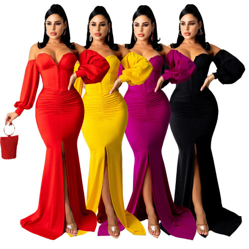 Solid color V-neck party evening dress skirt 2021 lantern sleeve irregular dress women