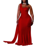 Large size dress, one-shoulder strap, sleeveless solid color dress, temperament slim evening dress