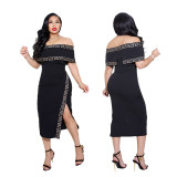 Autumn sexy off-the-shoulder one-word neck gorgeous slim-fit split dress