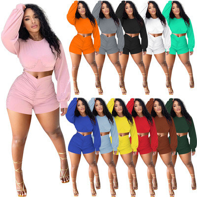 Women's pleated solid color sweater suit, round neck stitching two-piece suit
