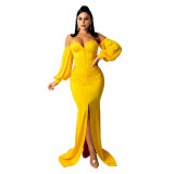 Solid color V-neck party evening dress skirt 2021 lantern sleeve irregular dress women