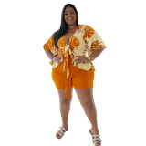 Two-piece printed short-sleeved casual T-shirt suit, plus size suit