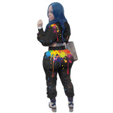 Fashion women's drawstring solid color splash ink hooded long-sleeve trousers two-piece suit